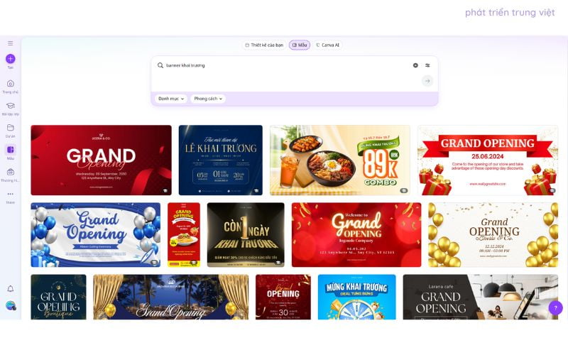 Bạn có thể tìm kiếm mẫu banner khai trương có sẵn trên Canva 